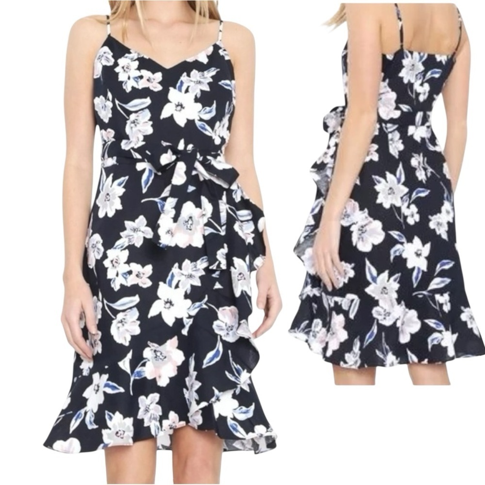 BANANA REPUBLIC Navy Blue Floral Wrap Dress Linen Blend Sleeveless Mini Small 4
